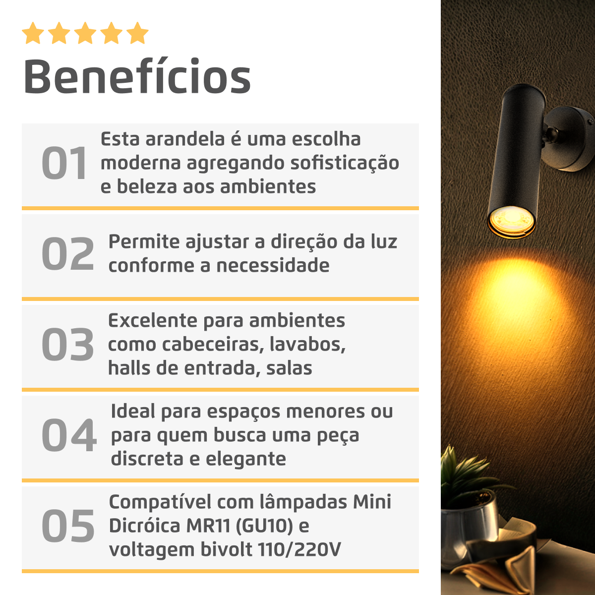 Arandela Spot Articulado Parede Head 15Cm Preto