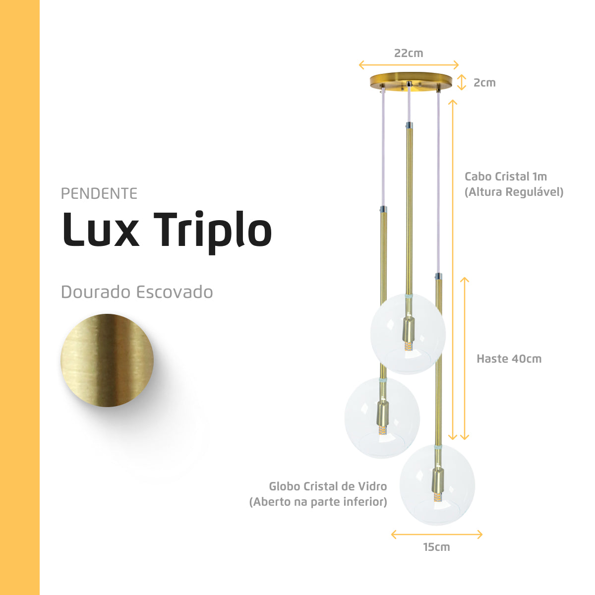 Pendente Lux Triplo Dourado Globo Vidro Cristal + Led