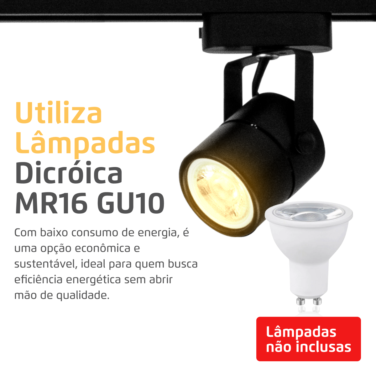 Trilho Eletrificado Preto 1m + 2 Spots GU10 Dicróica MR16