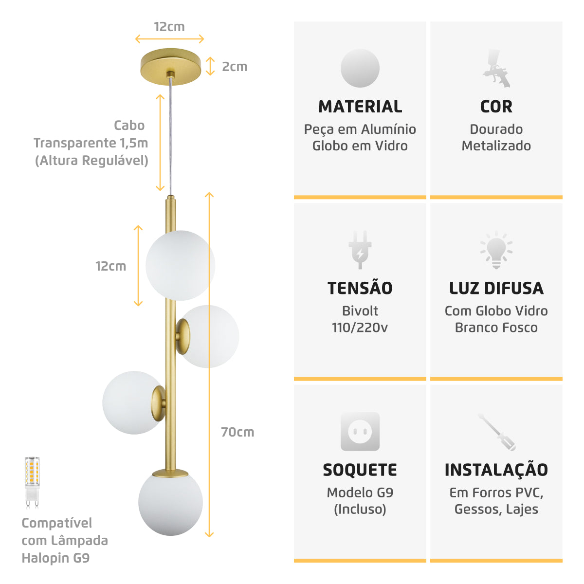 Luminária Pendente Galha Dourado 4 Globos Vidro Leitoso 12Cm