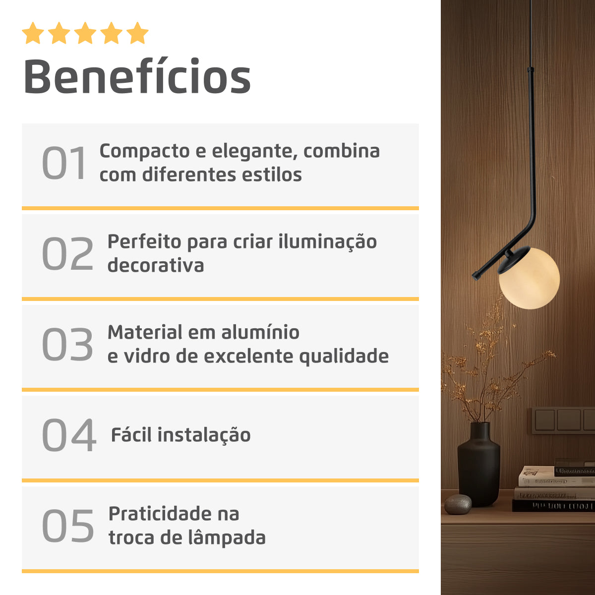 Luminária Pendente Stick Light Preto Globo Vidro Fosco 10Cm