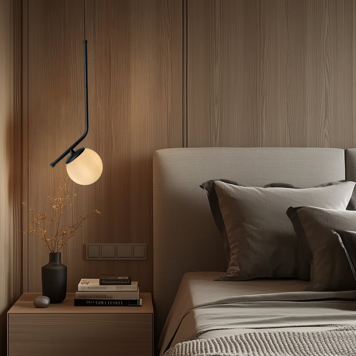 Luminária Pendente Stick Light Preto Globo Vidro Fosco 10Cm