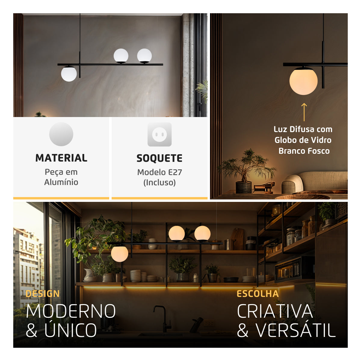 Luminária Pendente Axis Preto 3 Globos Vidro Leitosos 15Cm