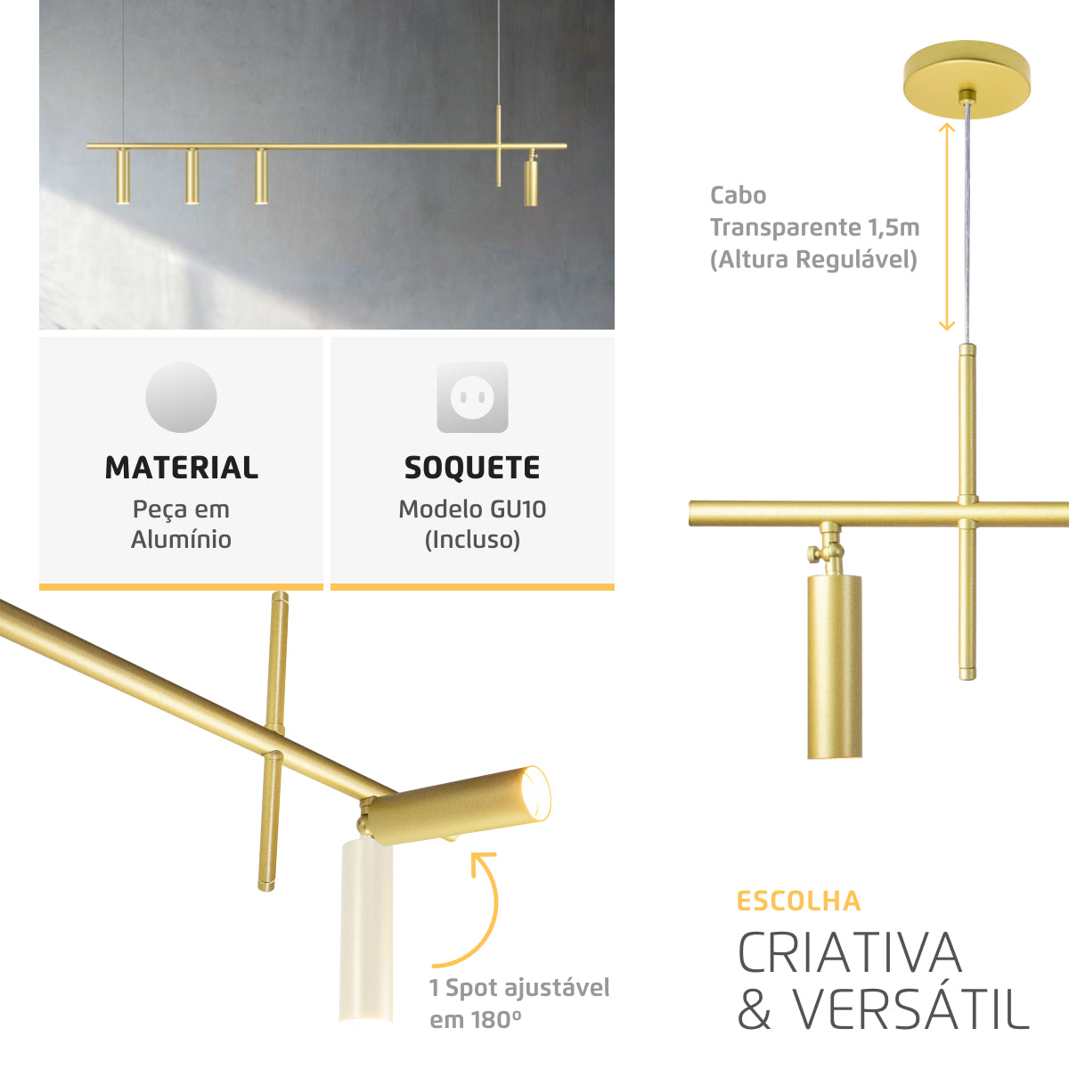 Luminária Pendente Turn By Retangular 4 Spots Dourado