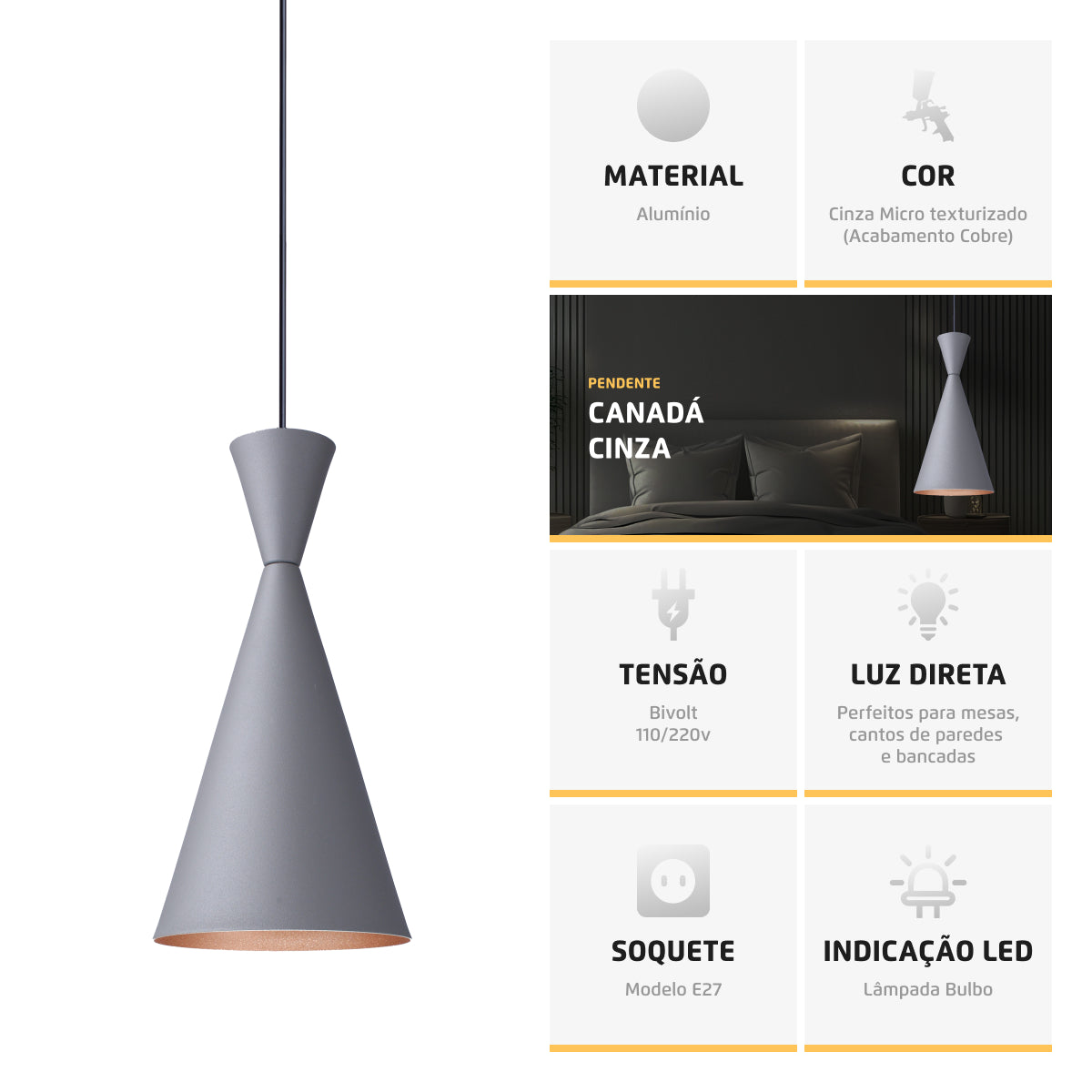 Pendente Lustre Luminária Canadá Cinza