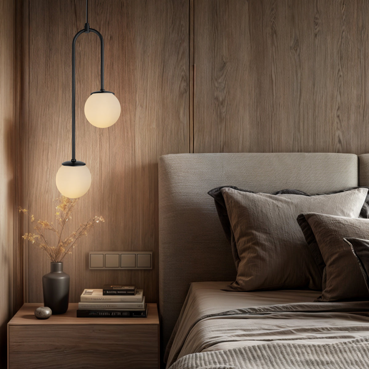 Luminária Pendente Canne Light Preto 2 Globos Leitosos 10Cm