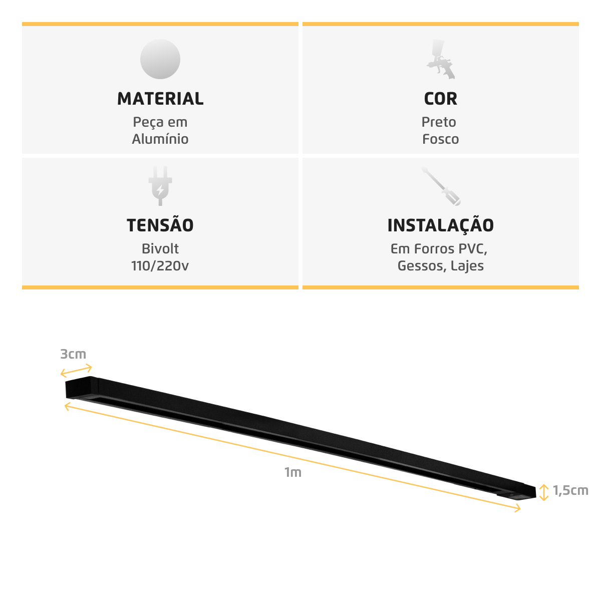 Trilho Eletrificado Preto 1m + 2 Spots GU10 Dicróica MR16