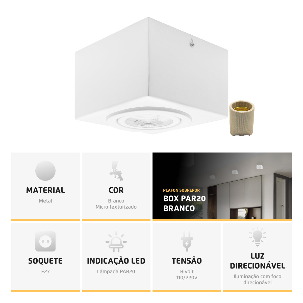 Spot Plafon Sobrepor Box Quadrado Par20 Direcionável