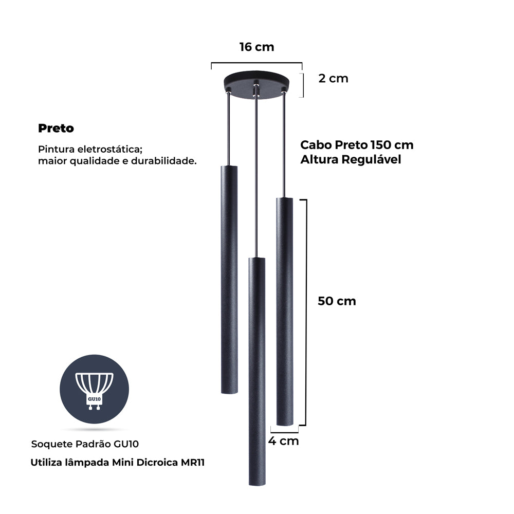 Pendente Luminária Tubo Preto 50 Cm - Triplo