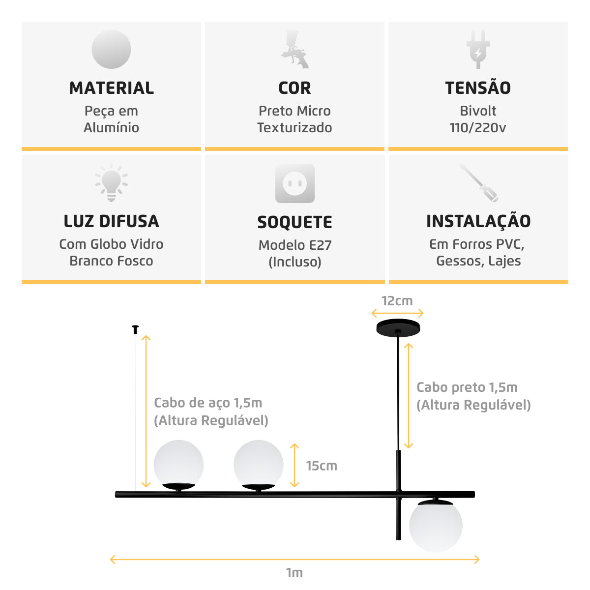 Luminária Pendente Axis Preto 3 Globos Vidro Leitosos 15Cm