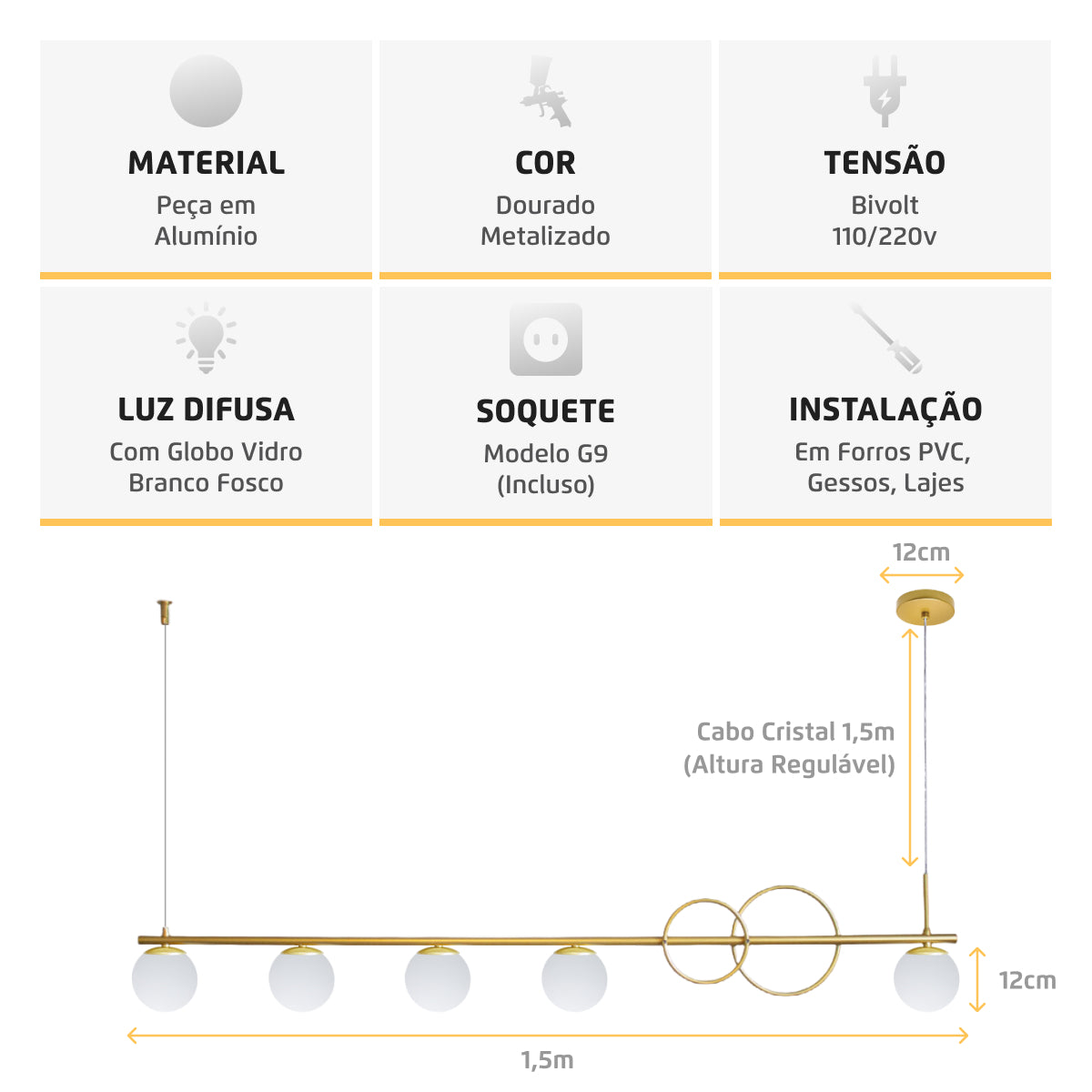 Luminária Pendente Orion Lumit Dourado 5 Globos Leitosos 12Cm