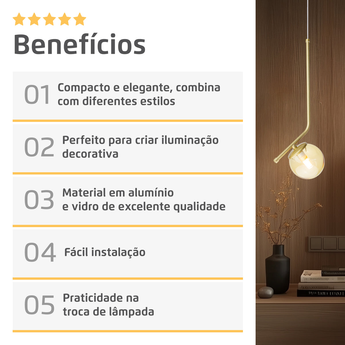 Luminária Pendente Stick Light Dourado Globo Âmbar 10Cm