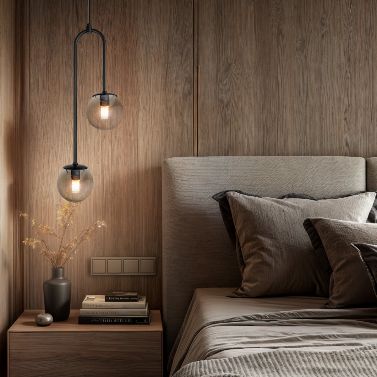 Luminária Pendente Canne Light Preto 2 Globos Fumê 10Cm