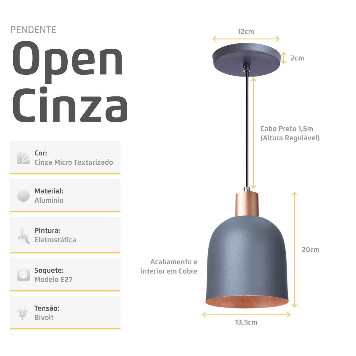 Pendente Lustre Luminária Open em Alumínio Cinza