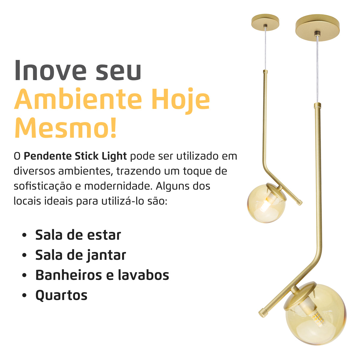 Luminária Pendente Stick Light Dourado Globo Âmbar 10Cm