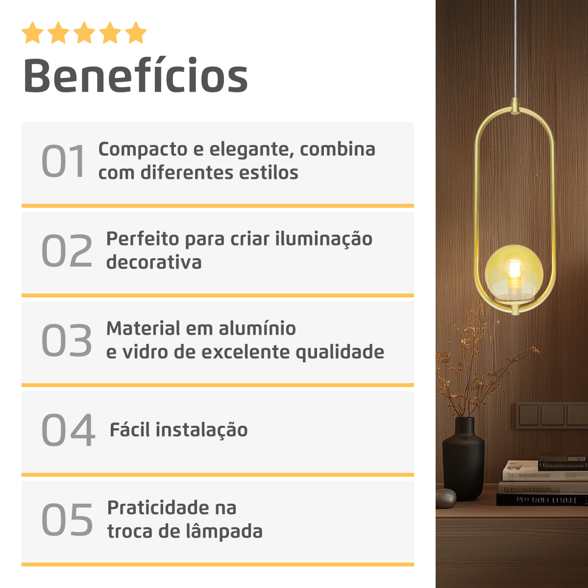 Luminária Pendente Arkom Light Dourado Globo Âmbar 10cm