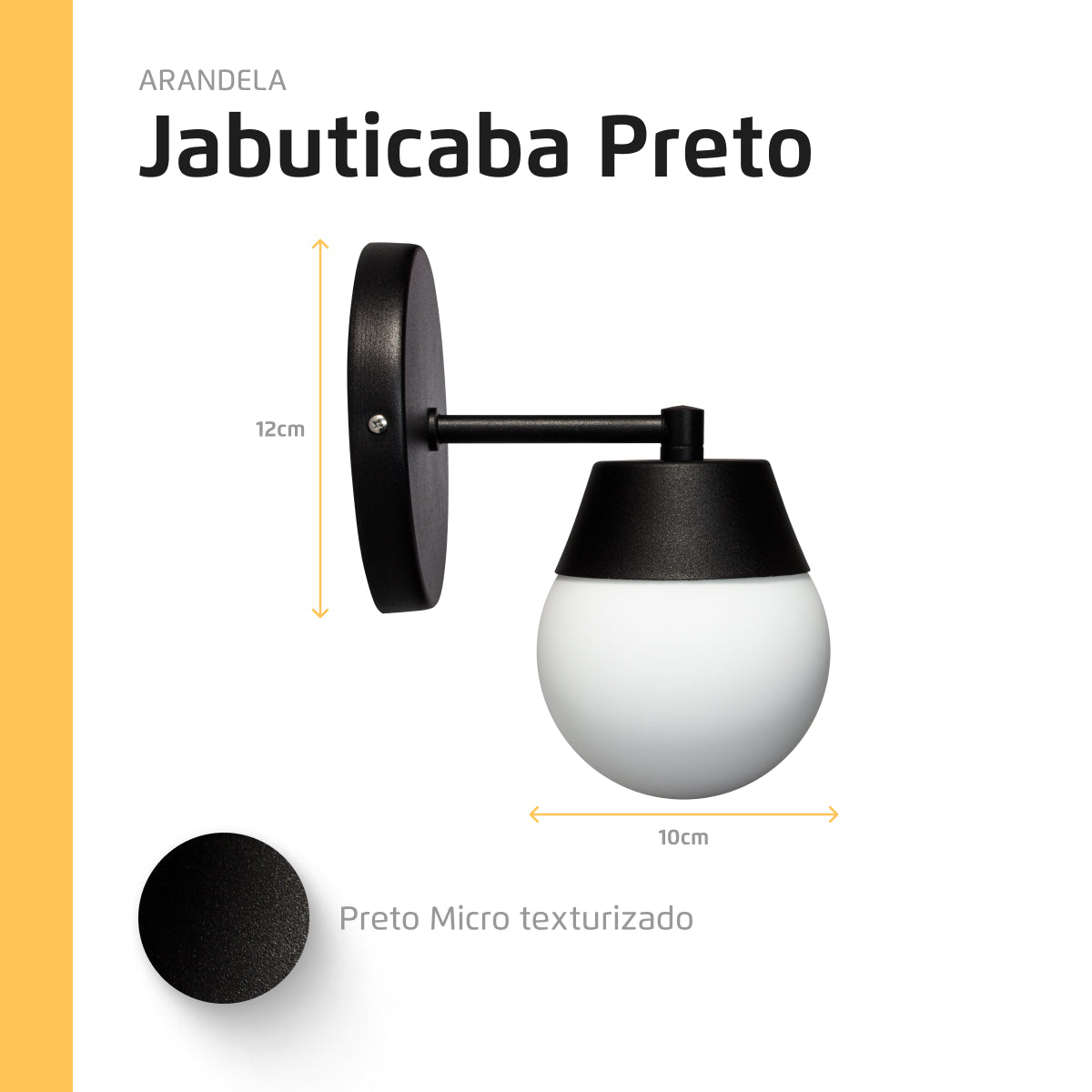 Arandela Parede Jabuticaba Preta Globo Vidro Leitoso