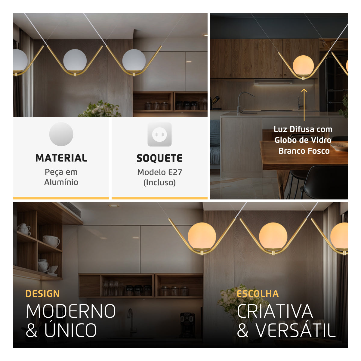 Luminária Pendente Balance Dourado Globo Vidro Leitoso 15Cm