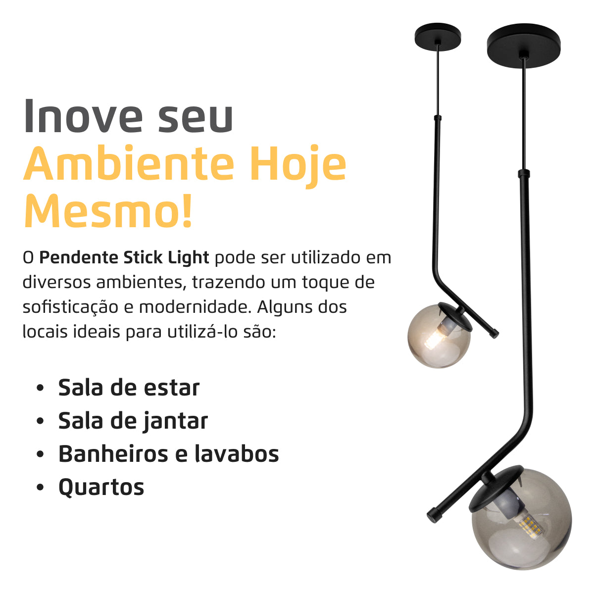 Luminária Pendente Stick Light Preto Globo Fumê 10Cm