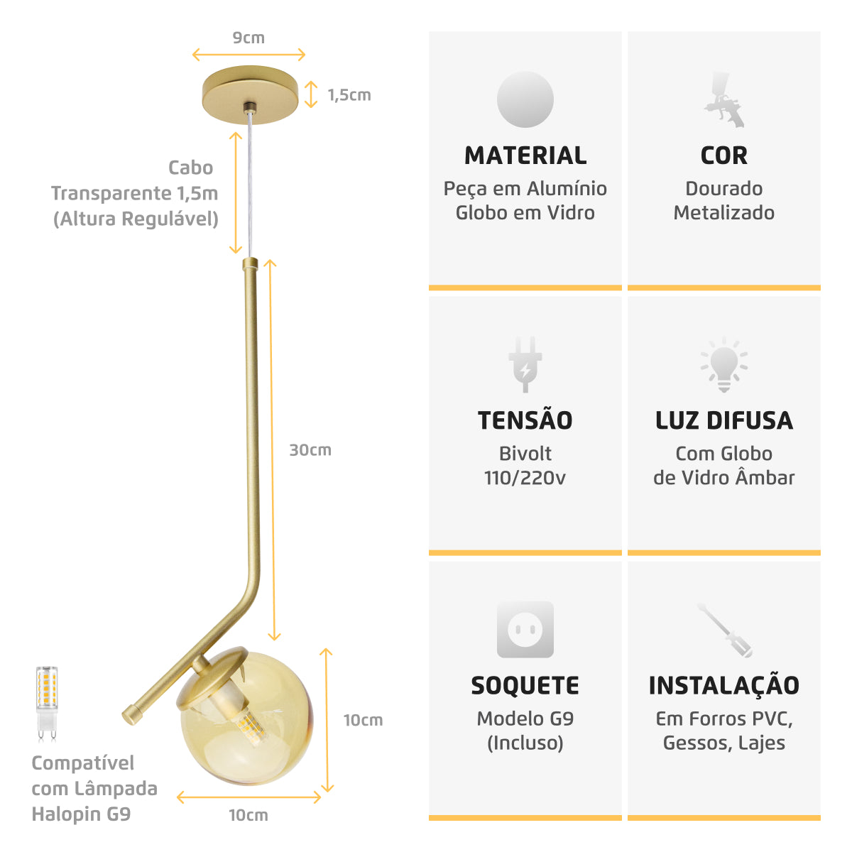 Luminária Pendente Stick Light Dourado Globo Âmbar 10Cm