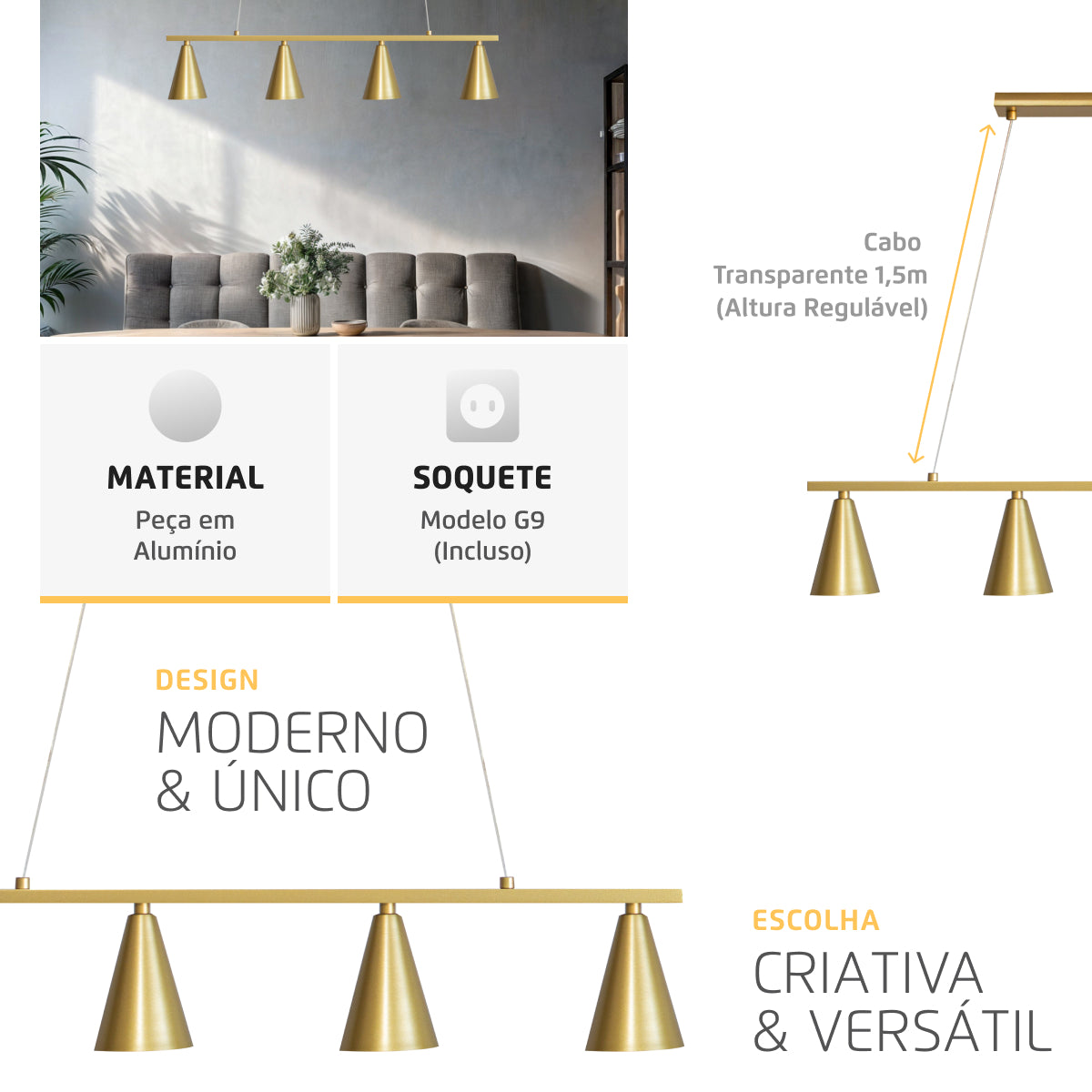 Luminária Pendente Retangular 4 Spots Konus Dourado 70Cm