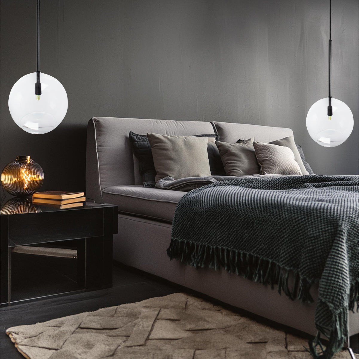 Pendente Lux Preto Globo Vidro Cristal 25Cm + Led