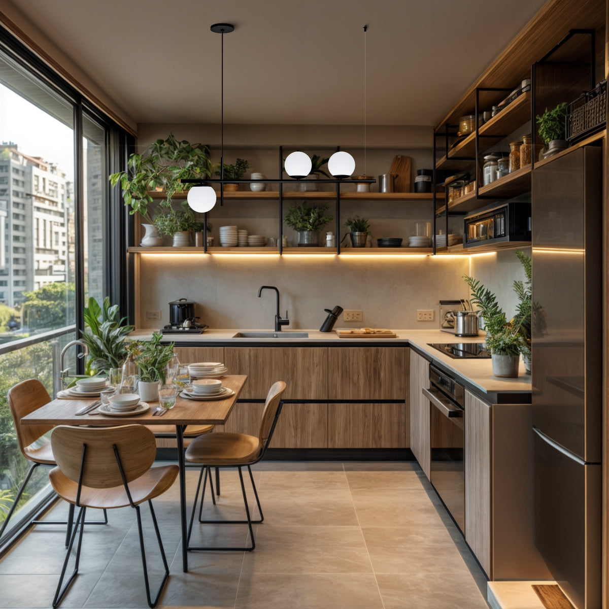 Luminária Pendente Axis Preto 3 Globos Vidro Leitosos 15Cm