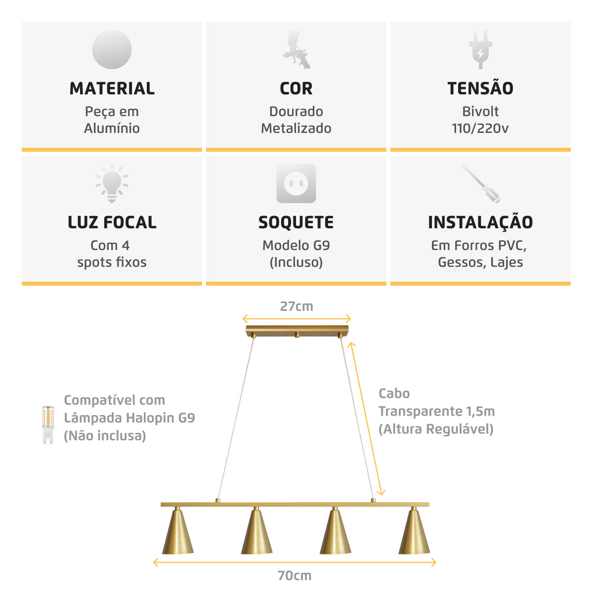 Luminária Pendente Retangular 4 Spots Konus Dourado 70Cm