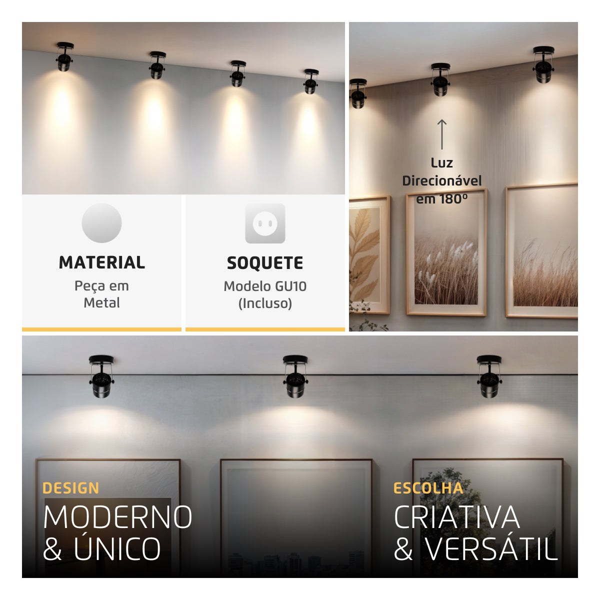 Spot Sobrepor MR16 GU10 Redondo Preto Direcionável