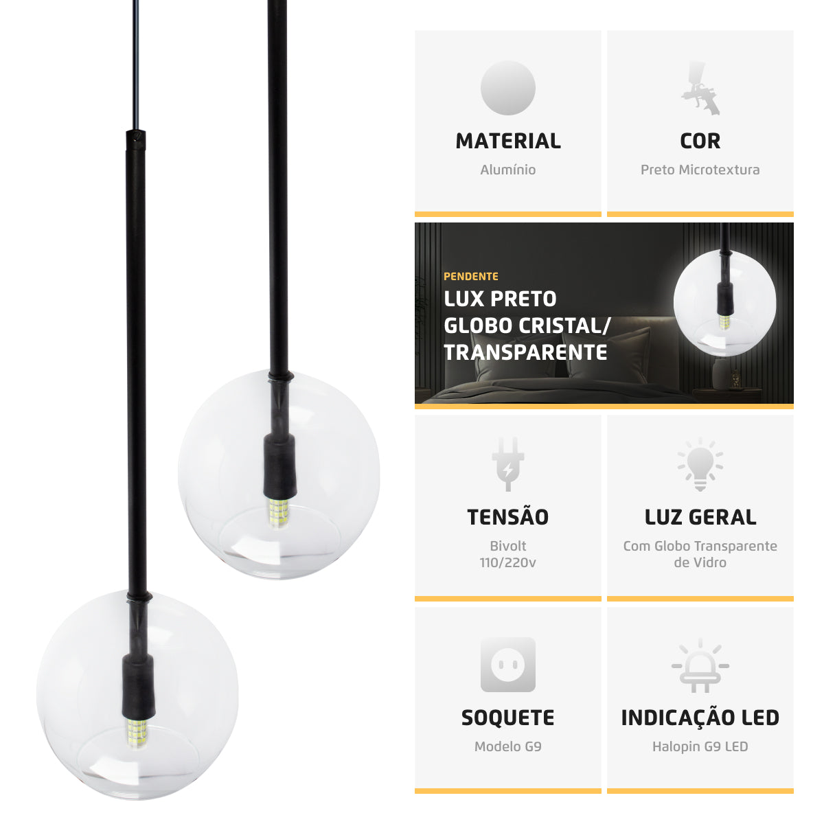 Pendente Lux Triplo Preto Globo Vidro Cristal + Led