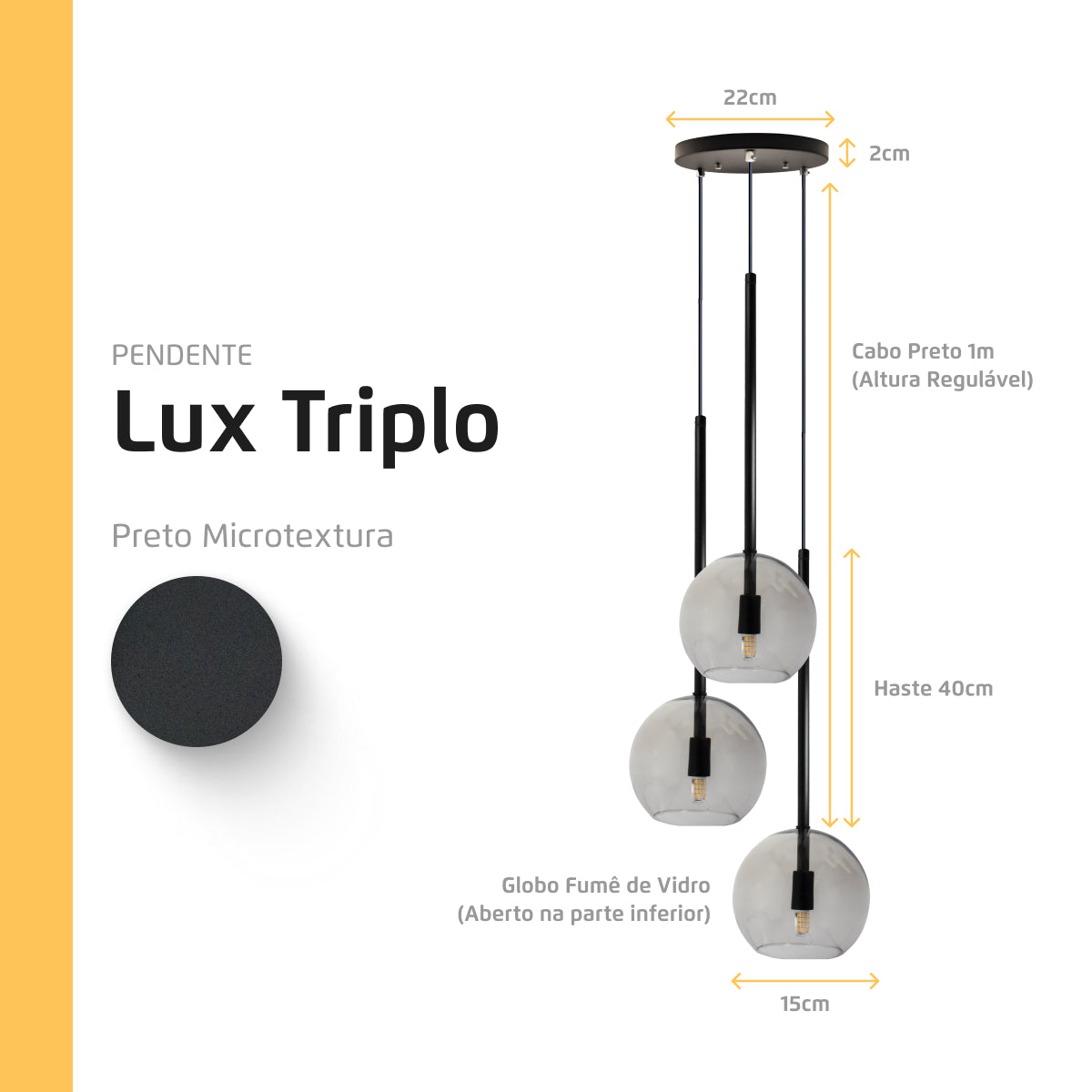 Pendente Lux Triplo Preto Globo Vidro Fumê + Led