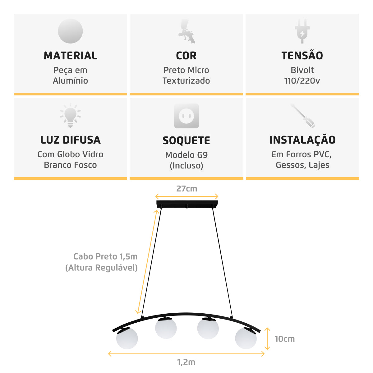 Luminária Pendente Nero Up Preto 4 Globos Leitosos 10Cm