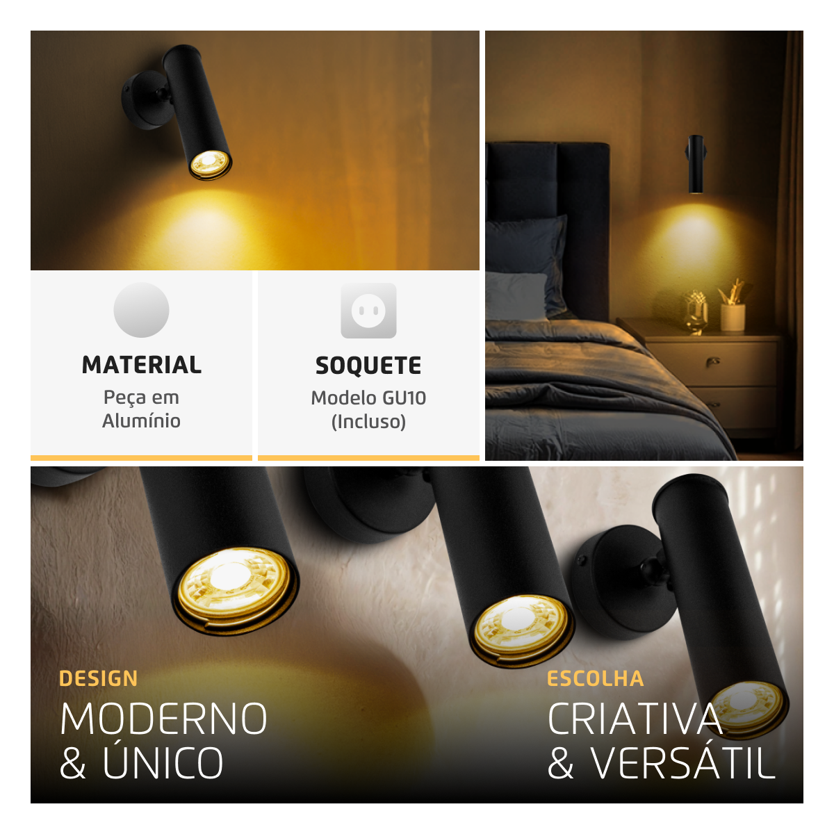 Arandela Spot Articulado Parede Head 15Cm Preto