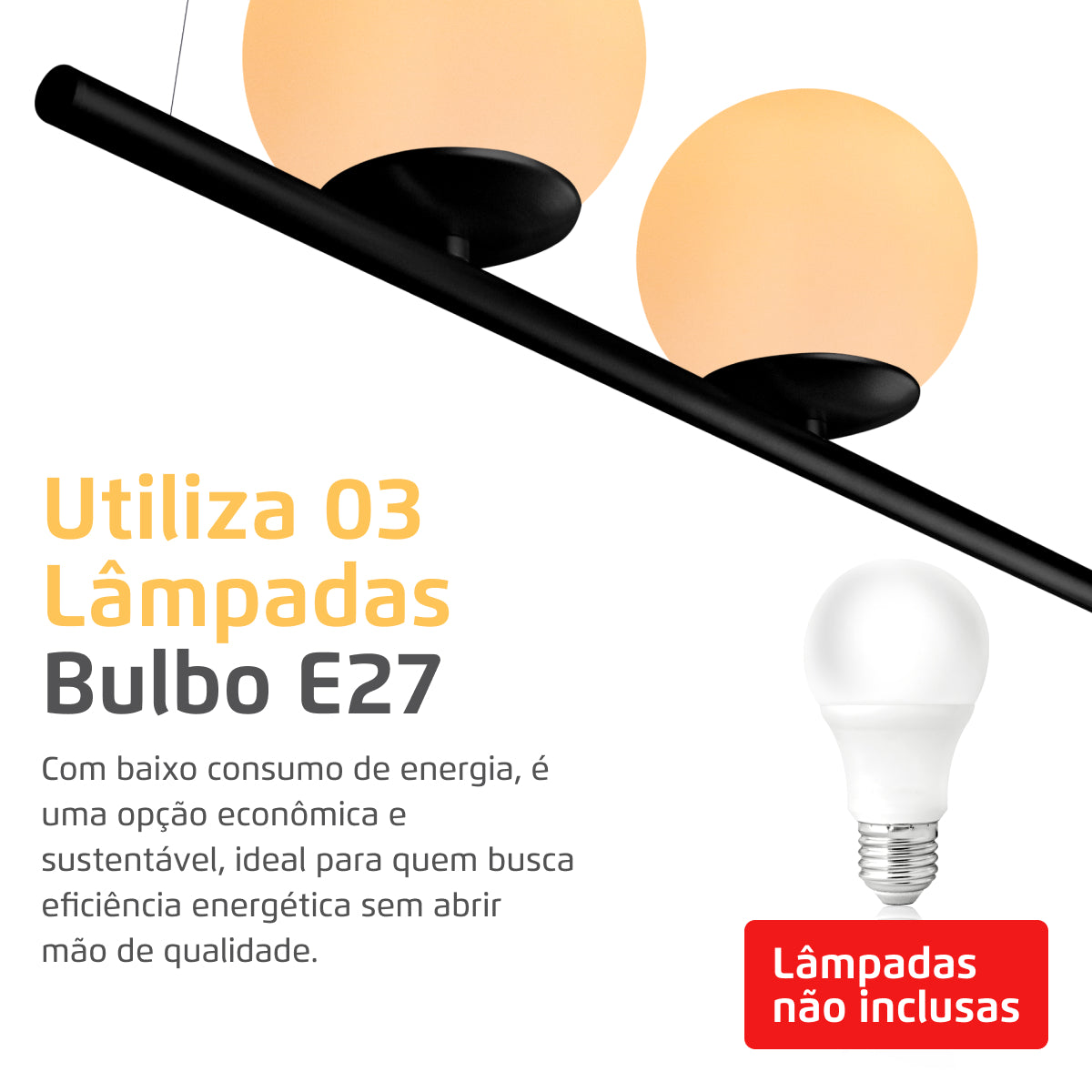 Luminária Pendente Axis Preto 3 Globos Vidro Leitosos 15Cm