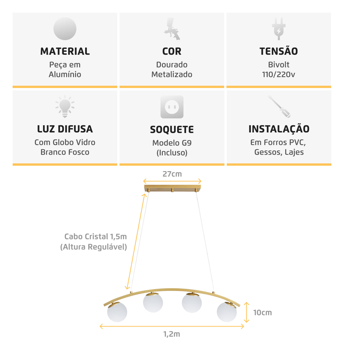 Luminária Pendente Nero Up Dourado 4 Globos Leitosos 10Cm