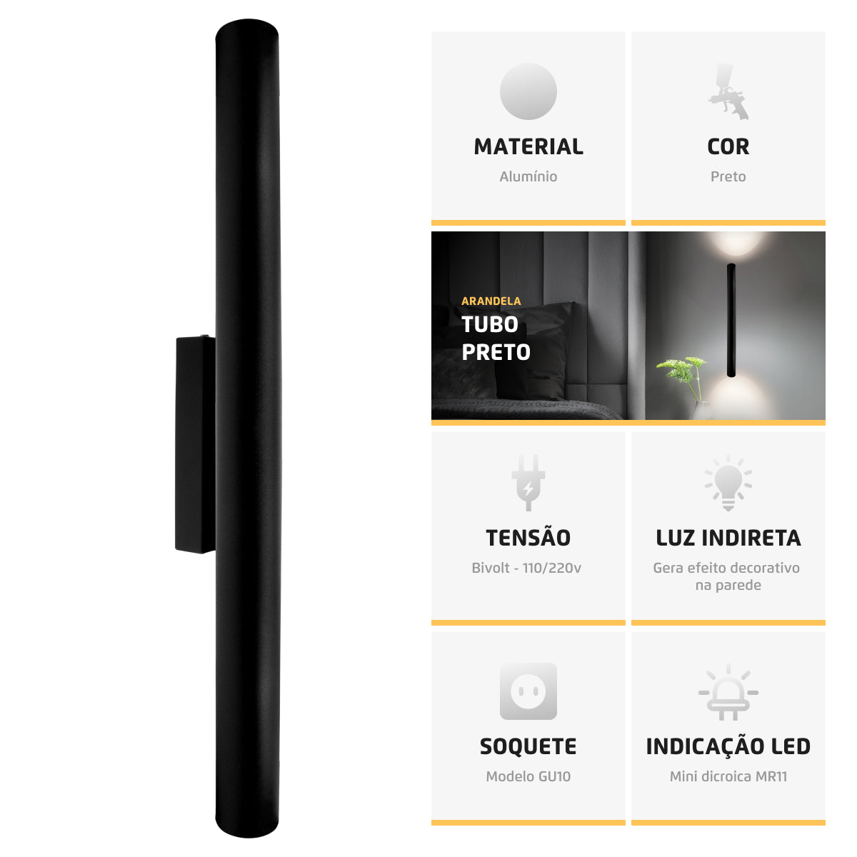 Arandela Tubo Cilindro Alumínio Preto 45cm