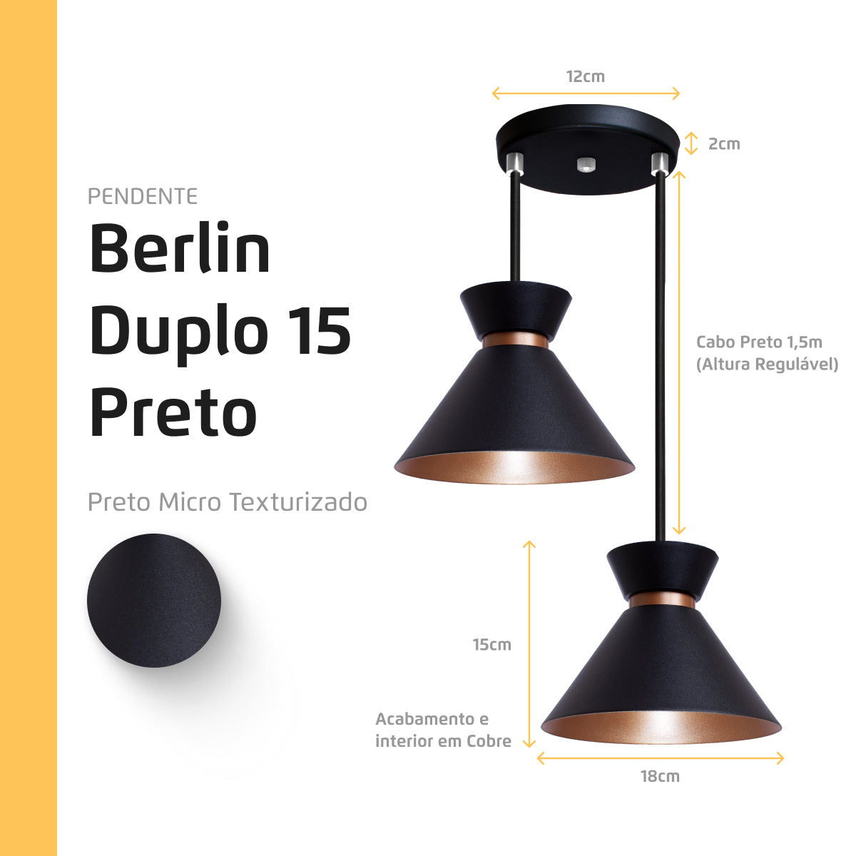 Pendente Lustre Luminária Berlin 15cm Preto Duplo