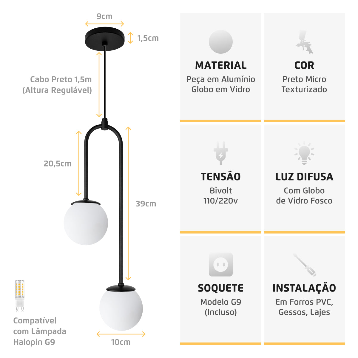 Luminária Pendente Canne Light Preto 2 Globos Leitosos 10Cm