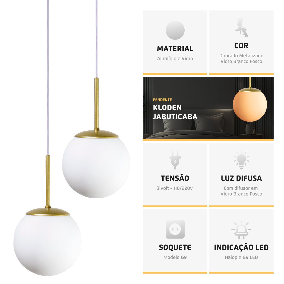 Luminária Pendente Jabuticaba Duplo Dourado Globo de Vidro