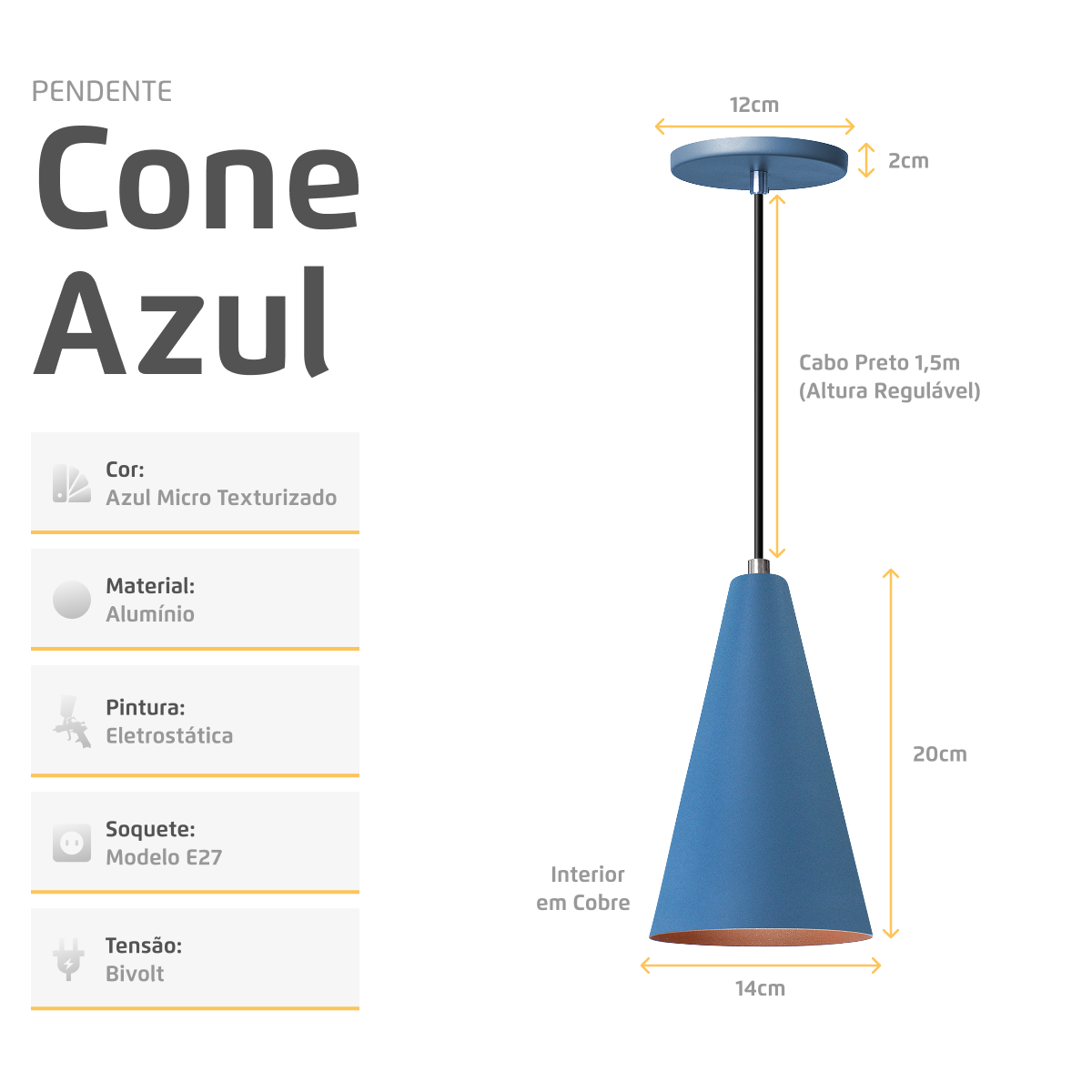 Pendente Lustre Luminária Cone Azul