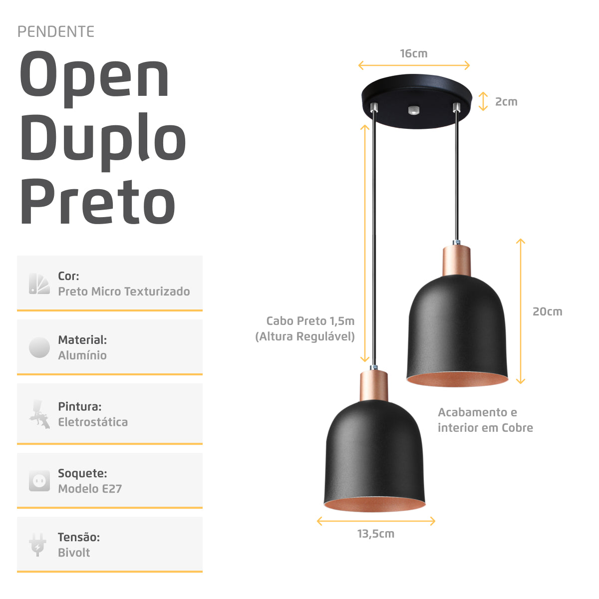 Pendente Lustre Luminária Open Preto - Duplo