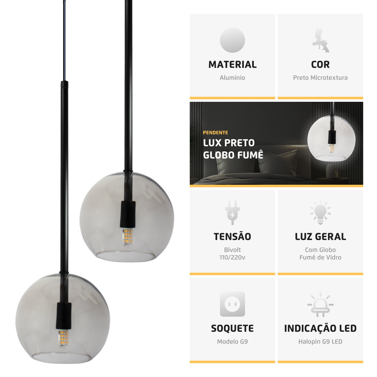 Pendente Lux Duplo Preto Globo Vidro Fumê + Led