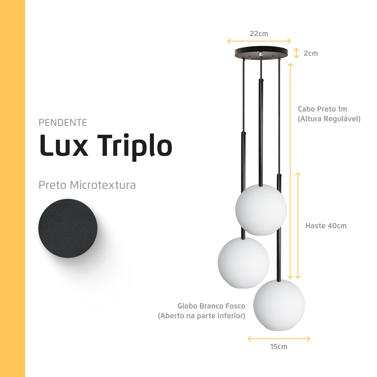 Pendente Lux Triplo Preto Globo Vidro Branco Fosco + Led
