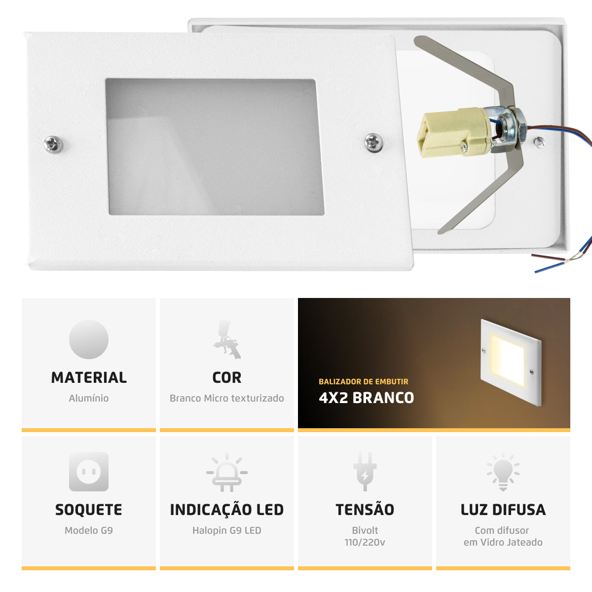 Balizador de Embutir Escada Parede Branco 4x2 Alumínio