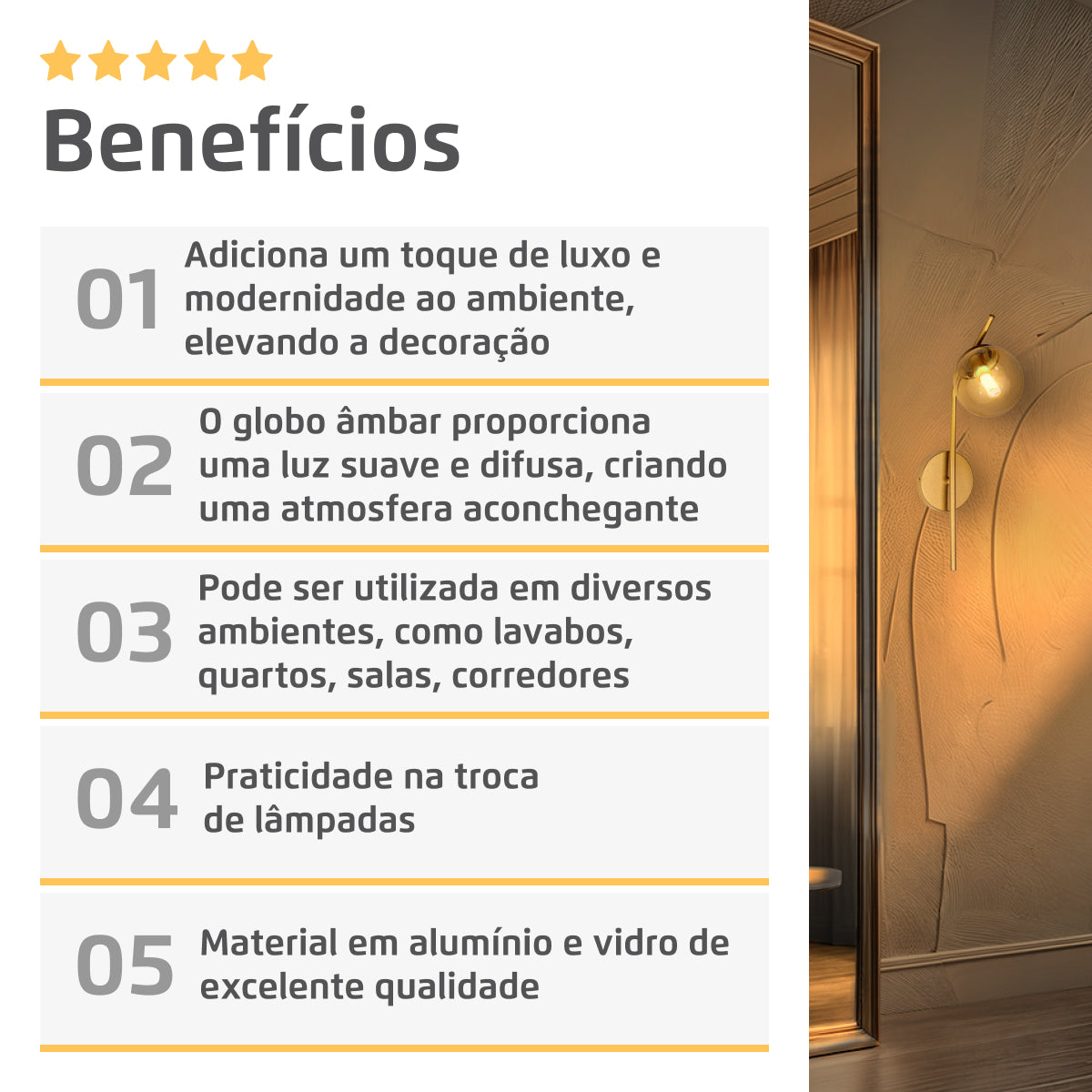 Arandela Parede Stick Light Dourado Globo Âmbar 10Cm