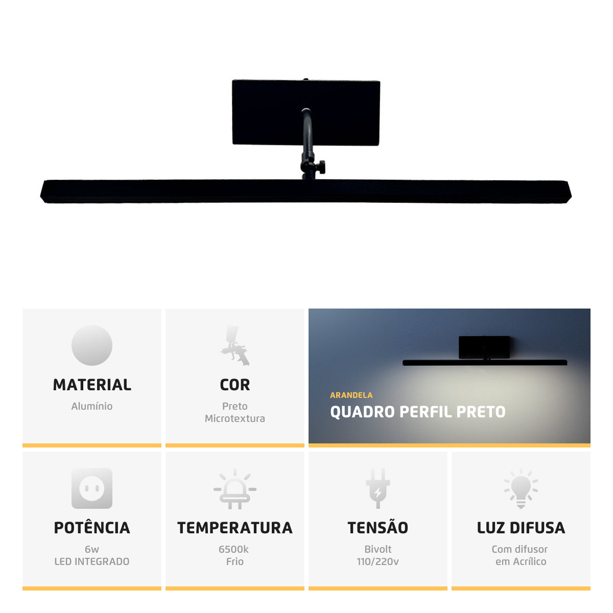 Arandela Quadro Perfil Led 6W 6000K Preto