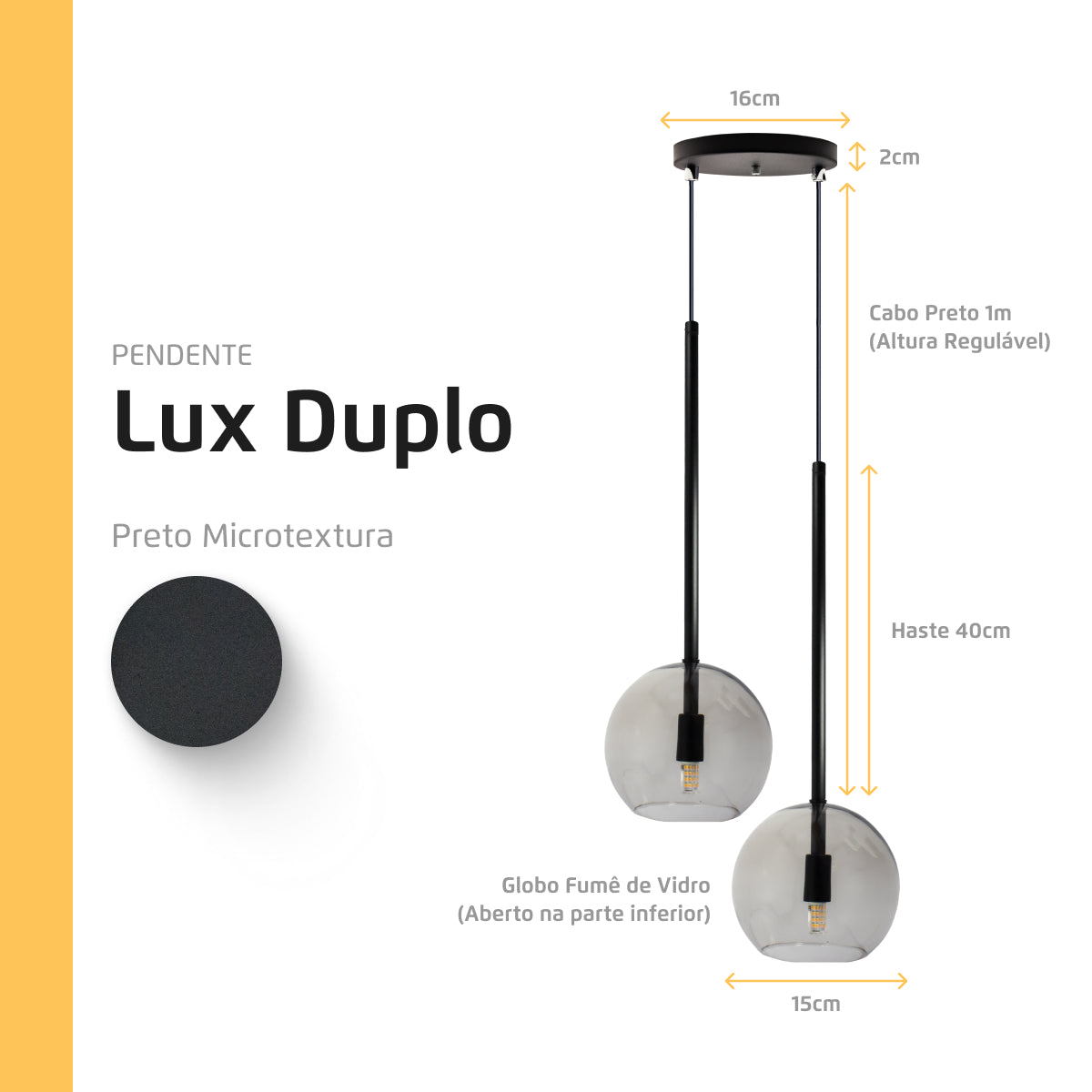 Pendente Lux Duplo Preto Globo Vidro Fumê + Led