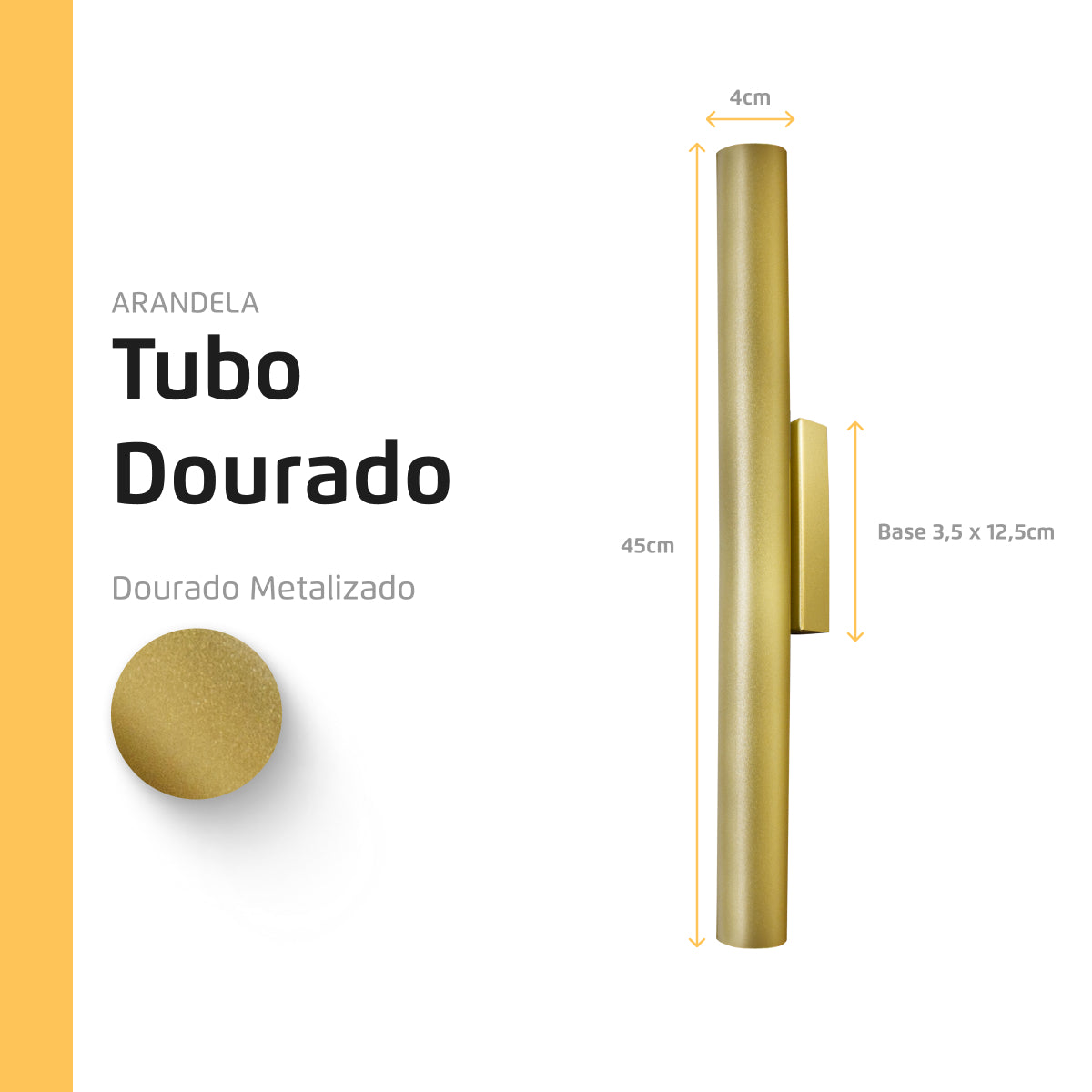 Arandela Tubo Cilindro Alumínio Dourado 45cm