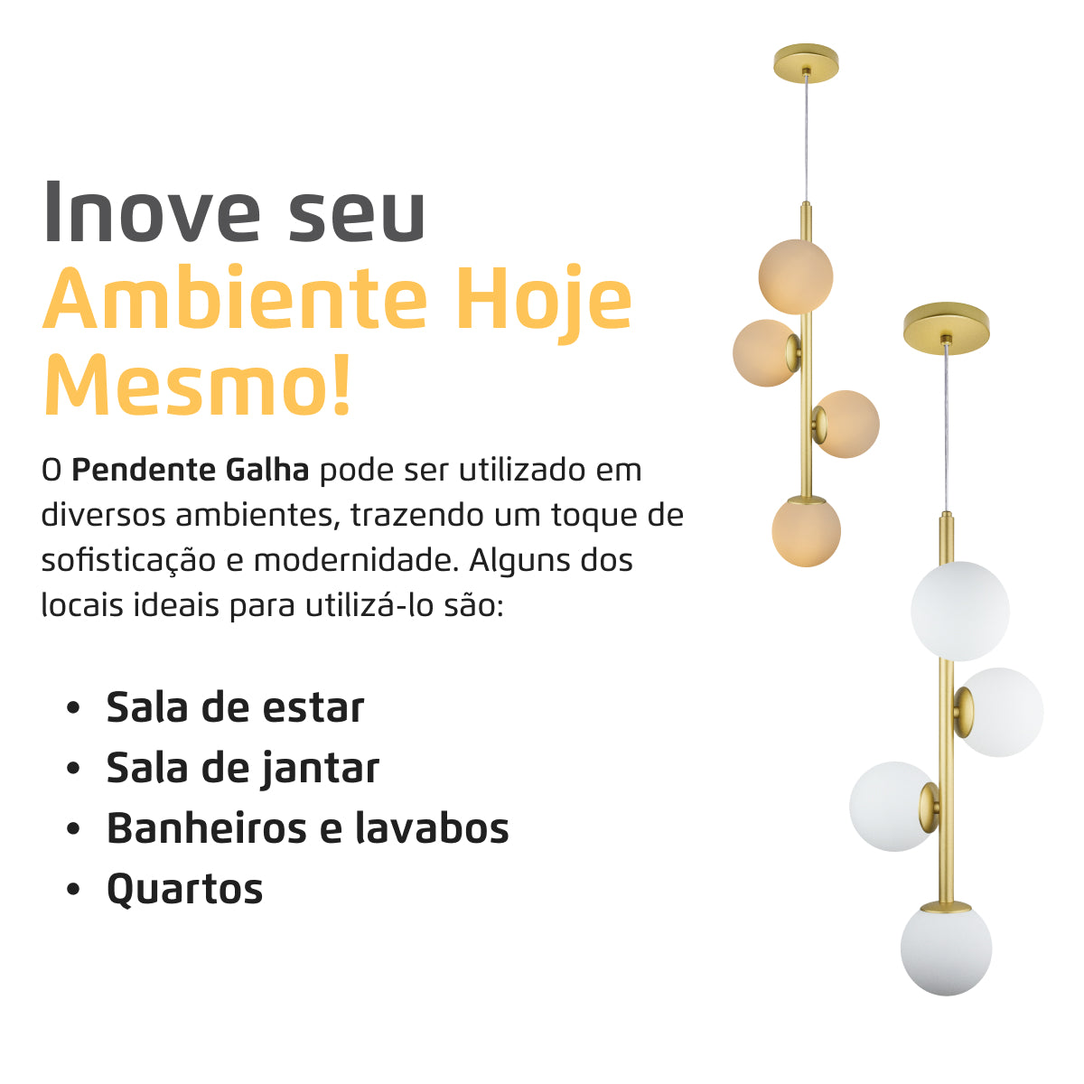 Luminária Pendente Galha Dourado 4 Globos Vidro Leitoso 12Cm
