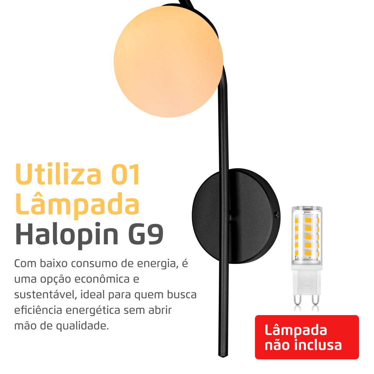 Arandela Parede Stick Light Preto Globo Leitoso 10Cm